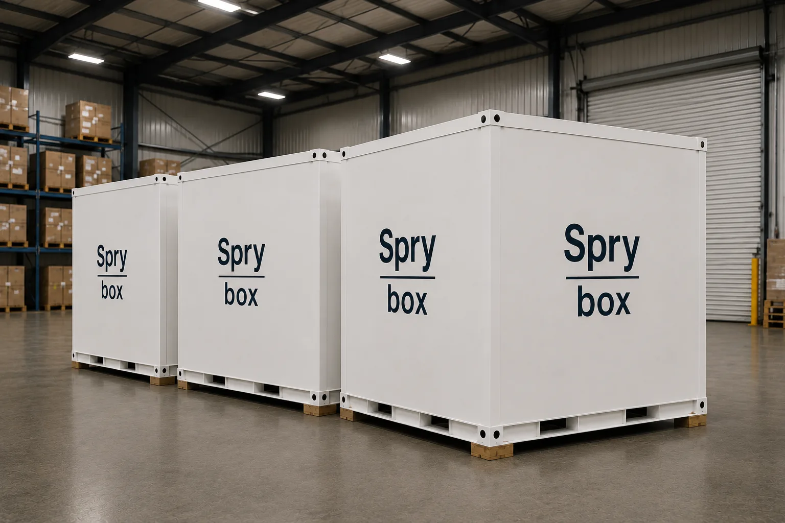 Spry Box storage containers side by side — 8x8x8, 8x8x12, and 8x8x16 size comparison